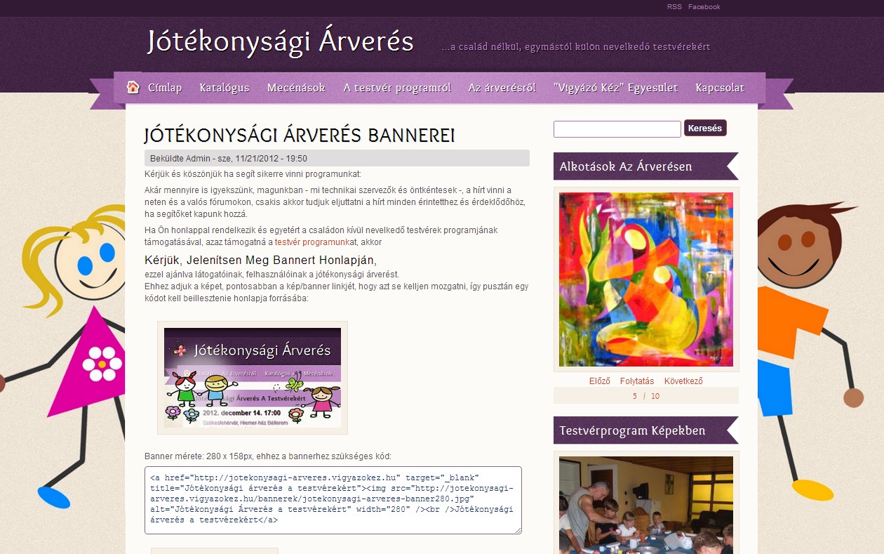 Jótékonysági árverés - bannerek weboldal tulajdonosok számára, GevaPC fejlesztésű Drupal honlap és smink
