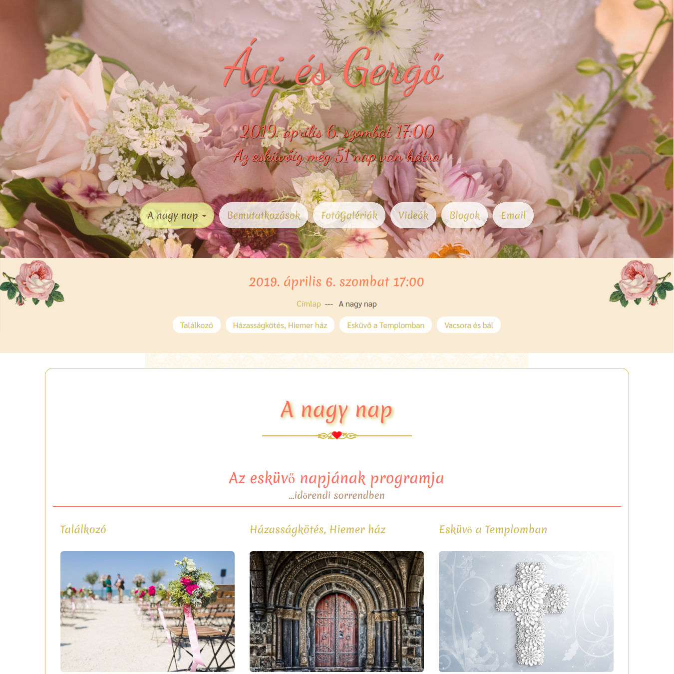 Esküvői weboldal - a nagy nap, bemutató nyitóoldala