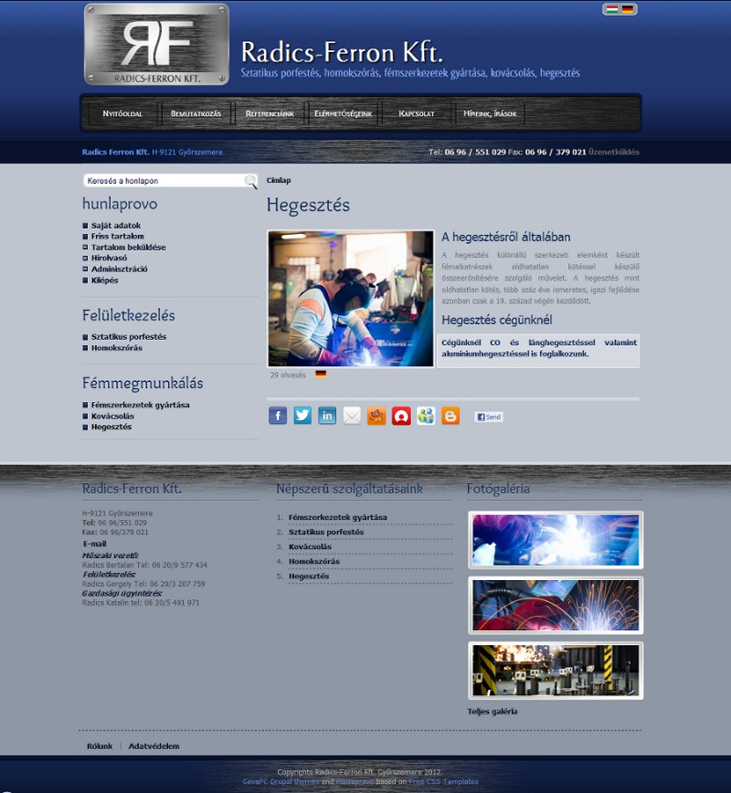 Radics-Ferron Kft honlap egy belső oldala